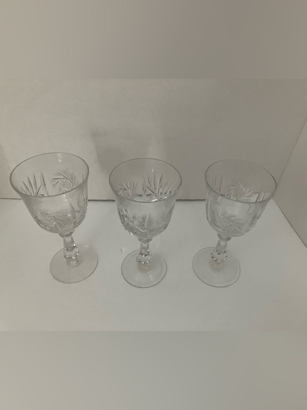 Vintage Czech Bohemian Etched Clear Crystal Wine Goblets - Set of 3